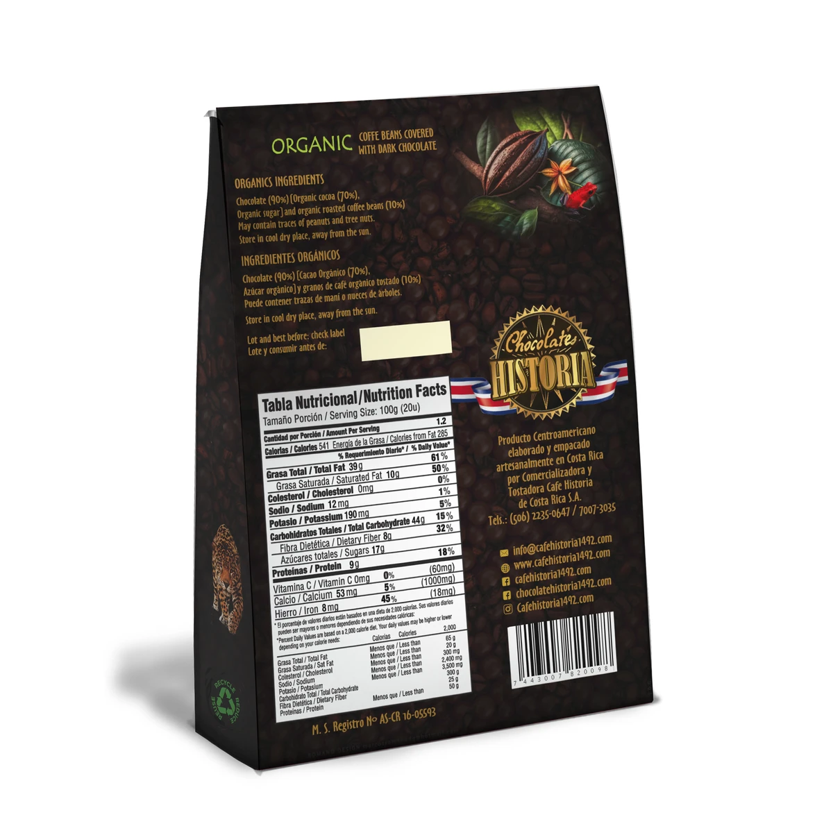 Granos de Café Orgánico Recubierto de Chocolate Oscuro 70% - dorso