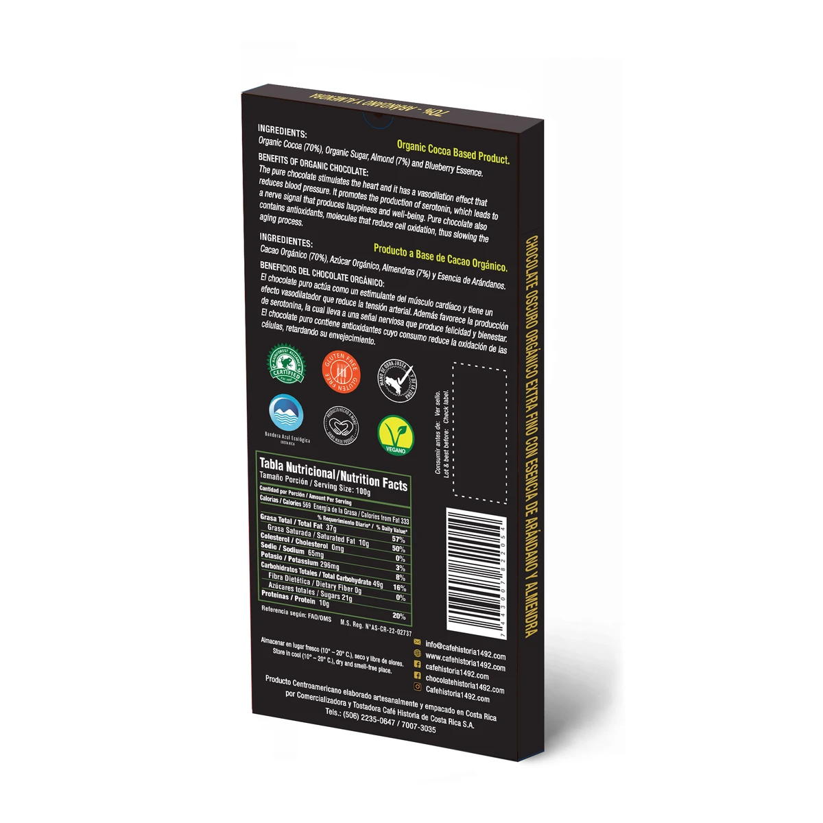 Chocolate Oscuro 70% - Arándano y Almendras 80g - dorso