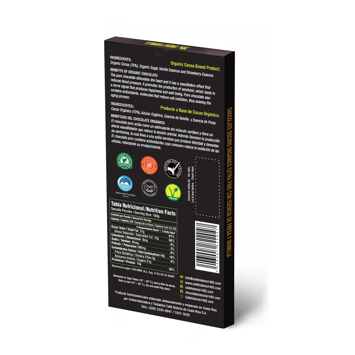 Chocolate Oscuro 70% - Fresa y Vainilla 80g - dorso