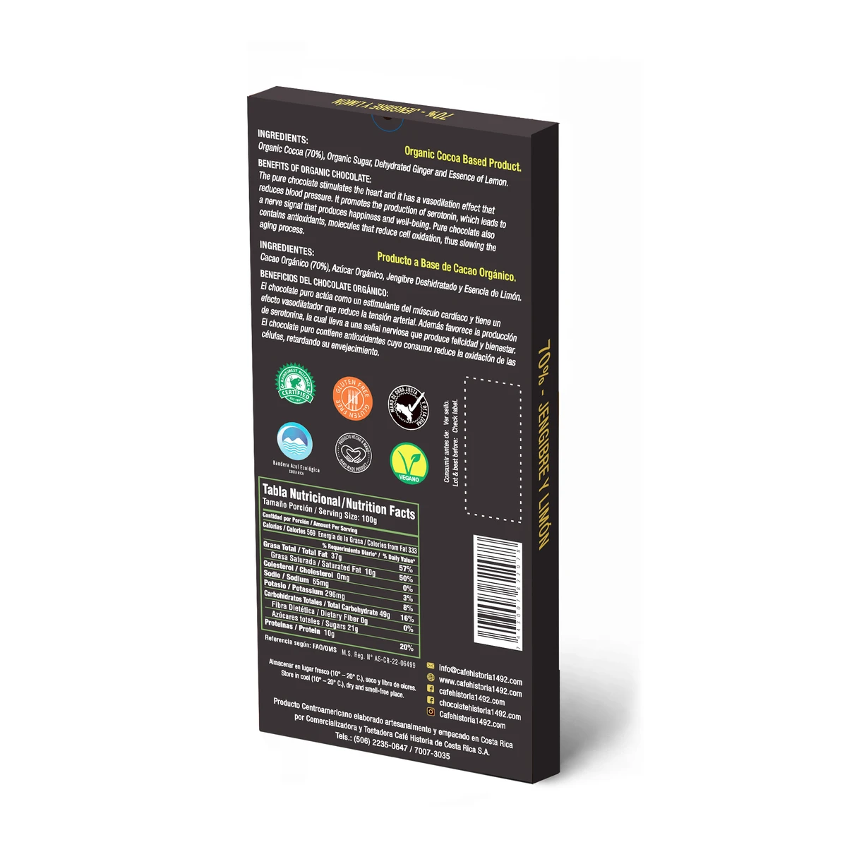 Chocolate Oscuro 70% - Jengibre y Limón 80g - dorso